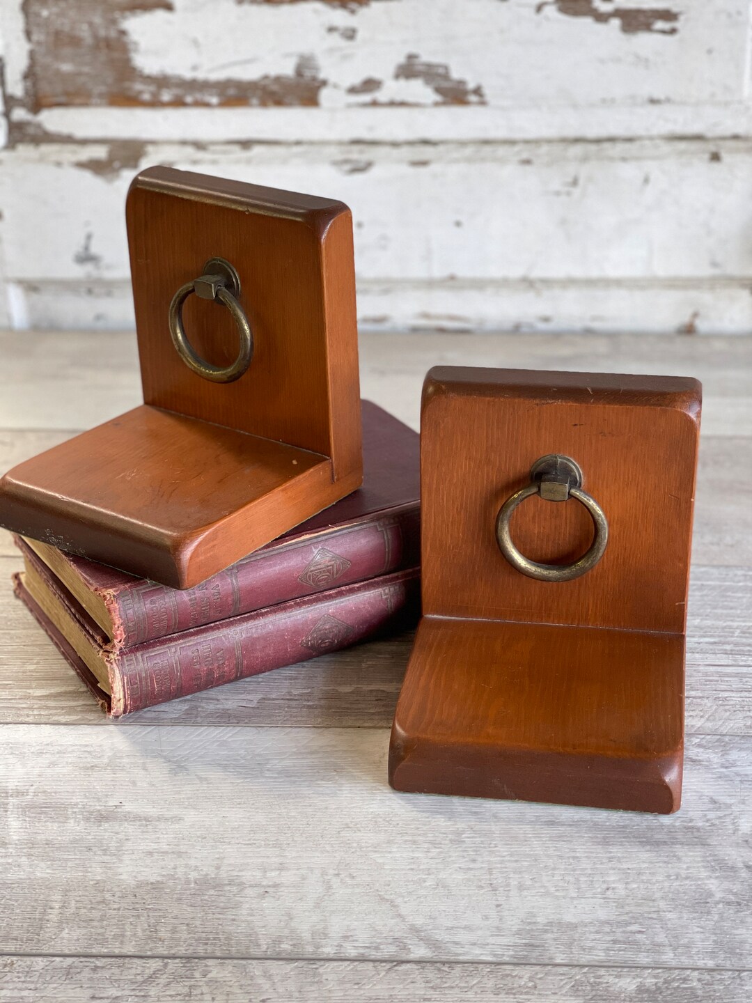 Pull Bookends Vintage Bookends - Mid Century Maple Brass Pull - Classic - Etsy