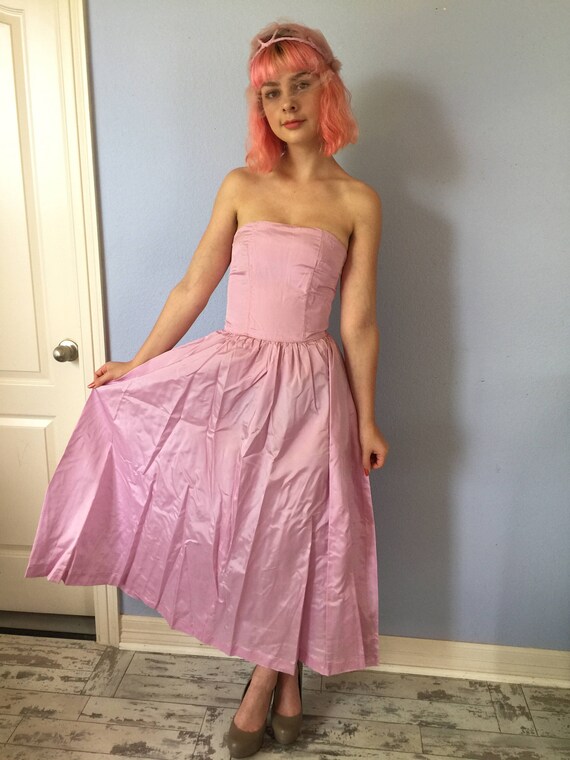 Vintage 1950s Satin Party Dress Pink 