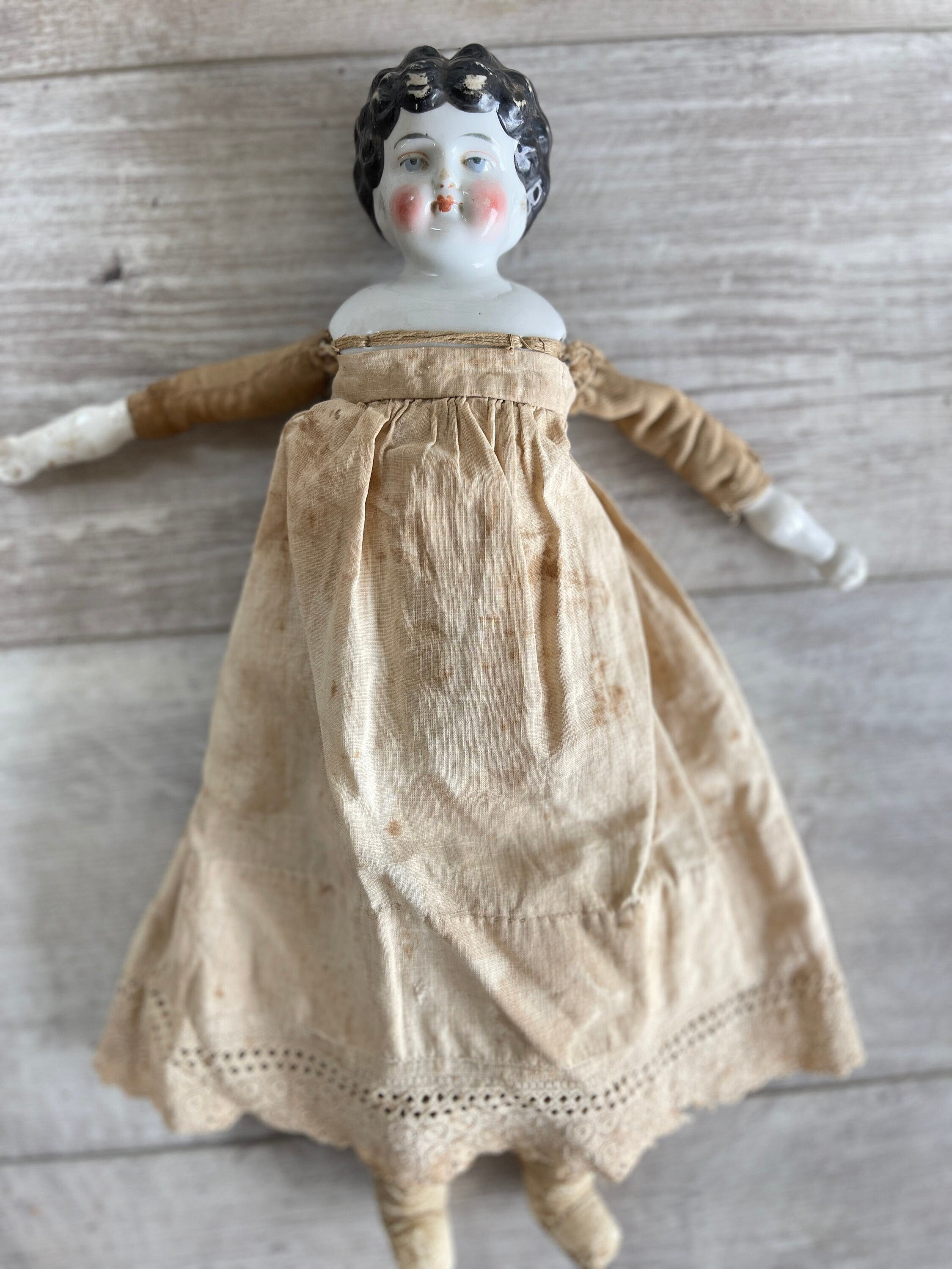 Vintage China Doll -antique 1890s 14 Inch -dark Hair Leather