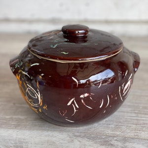Vintage Bean Pot Cookie Jar USA Western Stoneware Pottery - Dark Brown Glaze- Cold Paint Monmouth