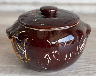 Vintage Bean Pot Cookie Jar USA Western Stoneware Pottery - Dark Brown Glaze- Cold Paint Monmouth