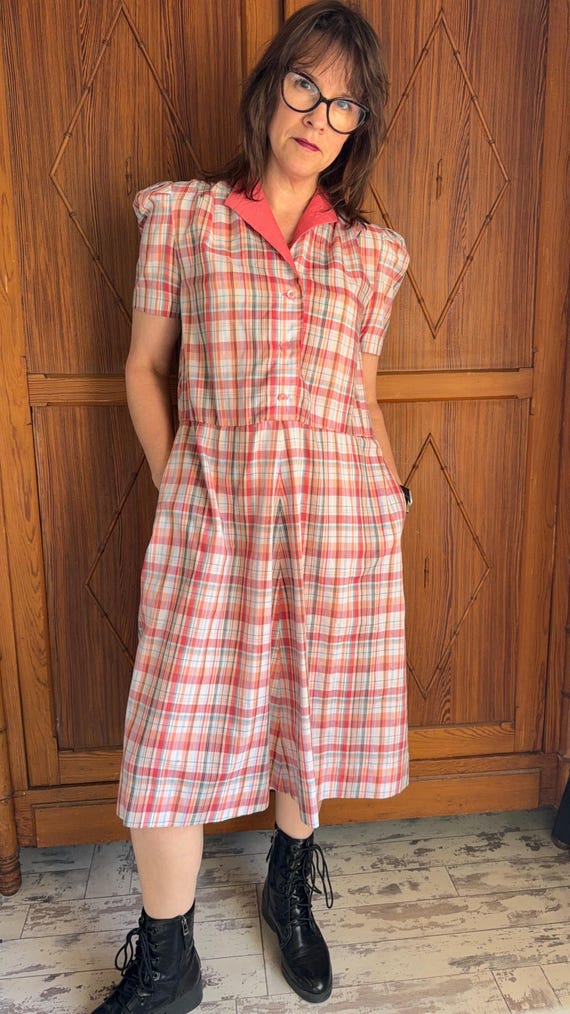 Vintage Handmade Plaid Dress - 1970s Housedress -… - image 13