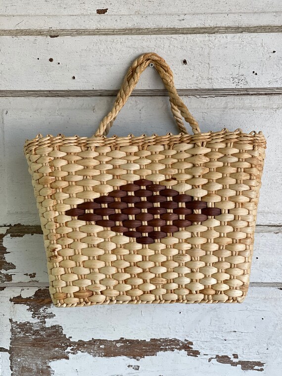 Vintage Beach Tote - Banana Leaf Woven Vinyl Line… - image 2