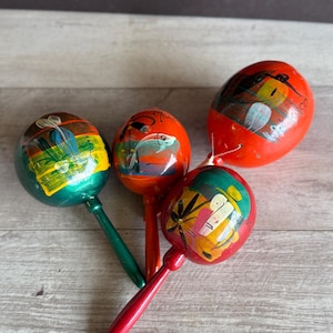 Vintage Mexican Maraca Shakers - Hand Painted - Bright and Cheerful Musical Instruments