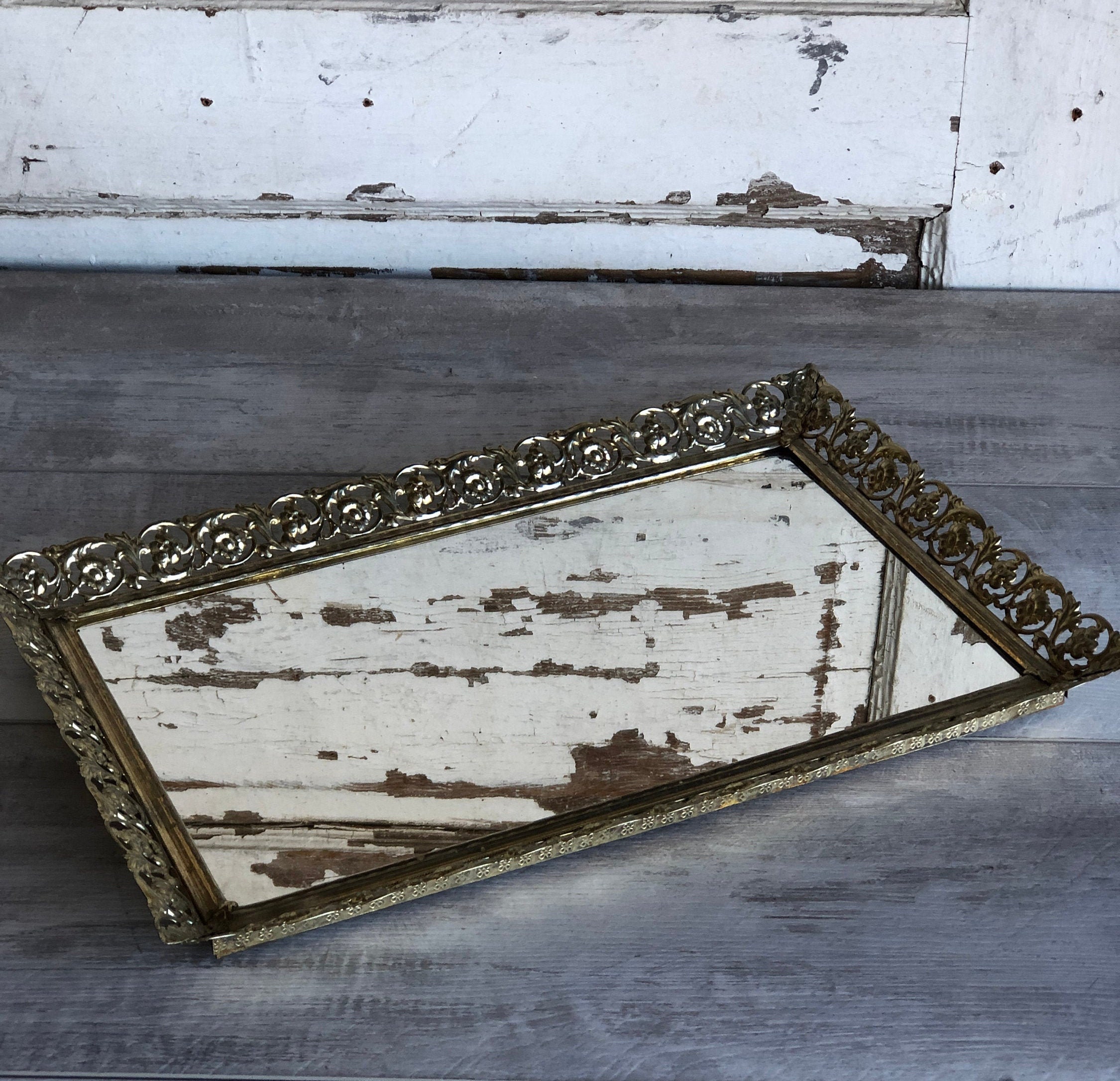 Vintage Brass Mirror Dresser Tray Filigree Hollywood Regency Etsy