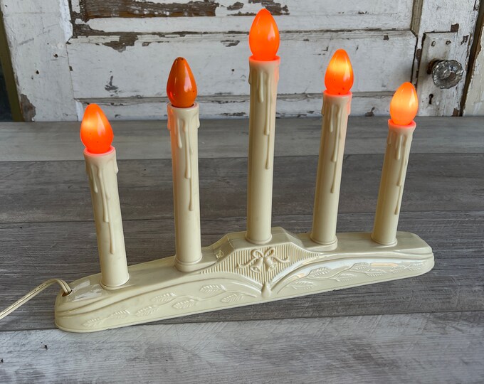 Vintage Mid Century Empire 5 Candle Electric Candelabra, Clear Flame, Offwhite Ornately