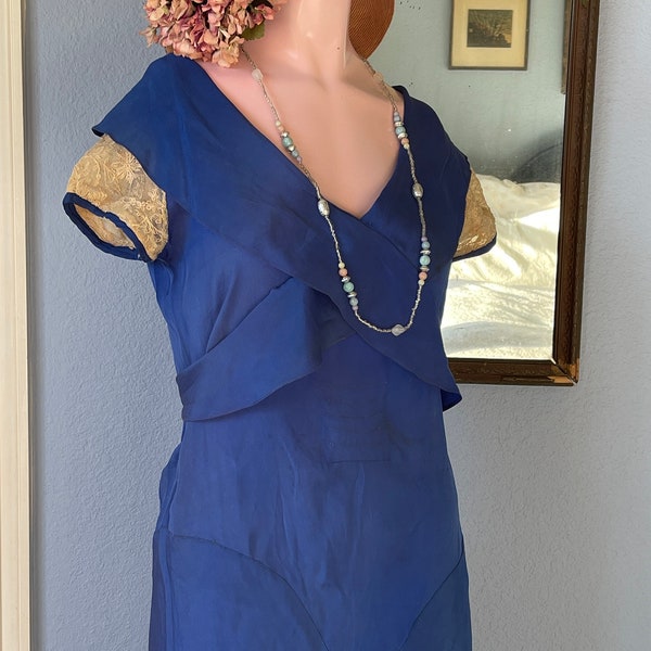 Vintage 1930s Flapper Bias Cut Blue Dress - Sz. Tiny Lace Cap Sleeves - Jane Clay