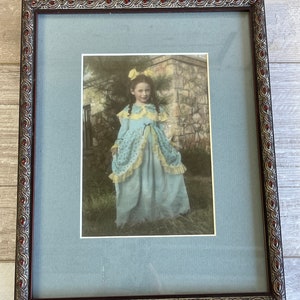 Vintage 1940s Hand Colored Photo - Young Girl in a Blue Dress - Modern Frame