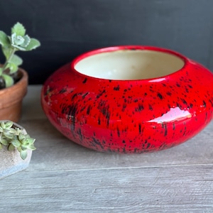 Vintage Red Lava Glaze Orb Planter - Mid Century Ceramic Bowl Signed MIKE