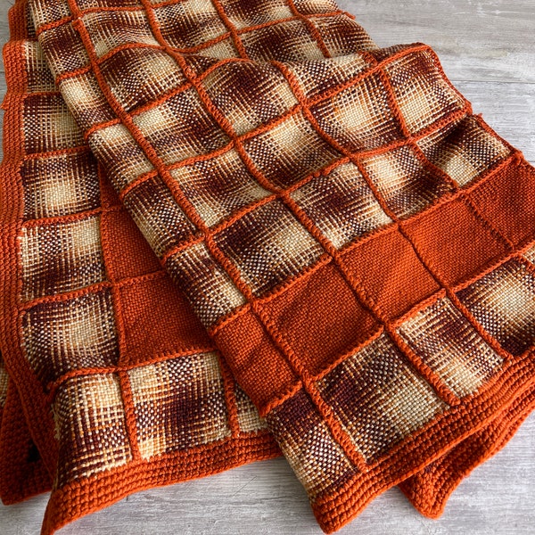 Vintage Afghan - Loomed Woven Squares - Rusty Brown Orange Blanket Throw