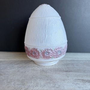 May include: White frosted glass lampshade with a pink floral design around the bottom edge. The lampshade is shaped like an egg and has a textured surface.