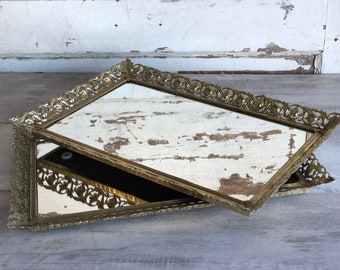 Vintage Brass Mirror Dresser Tray - Filigree Hollywood Regency Decor - Large Rectangle