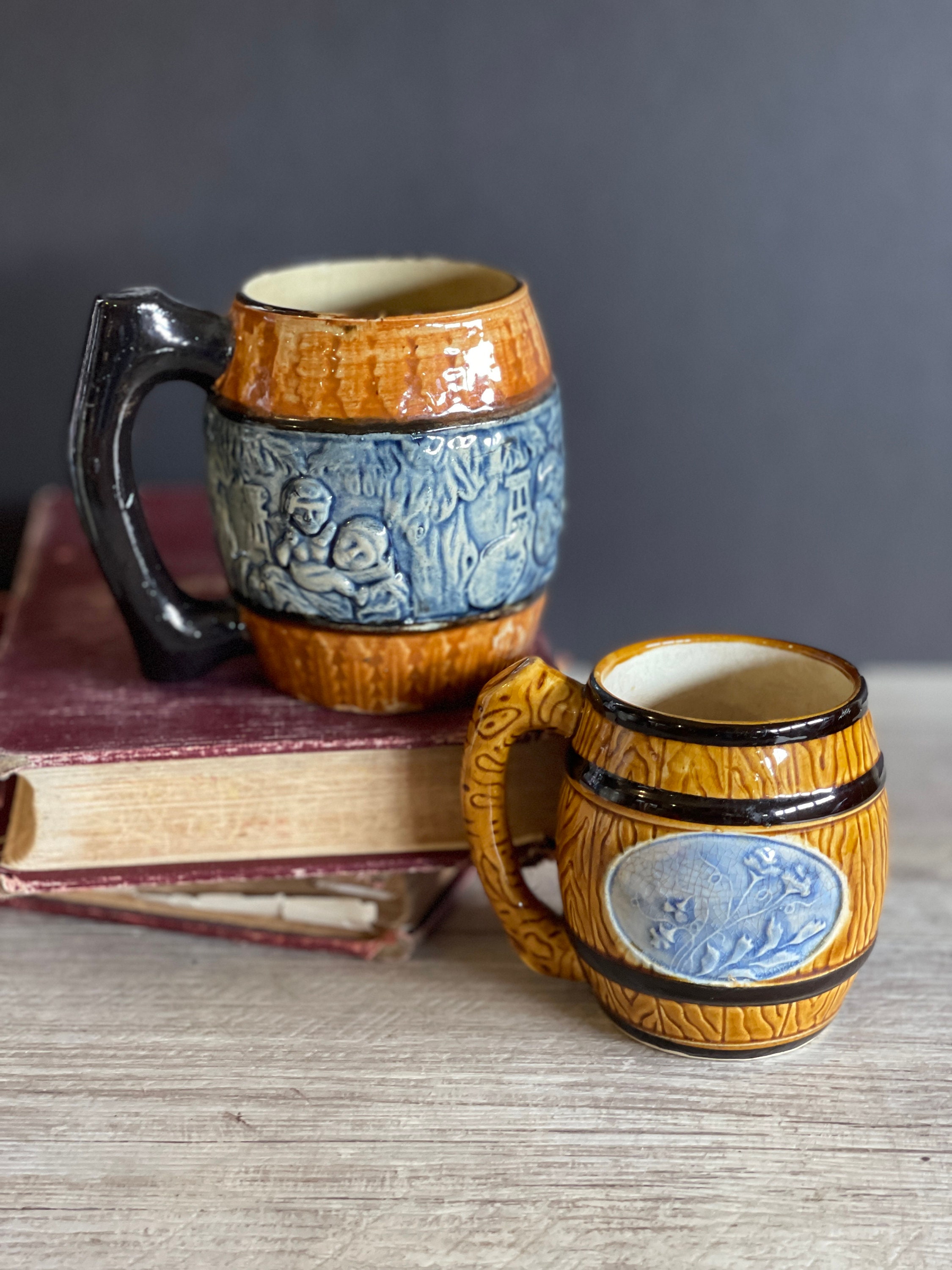 Vintage Majolica Beer Steins Barrel Cider Mug Japan - Hand Painted