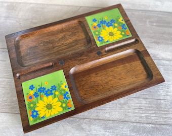 Vintage Cheese Board Tile Trivet  Mid-century - Floral Charcuterie Board