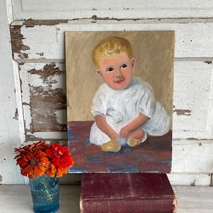 Vintage Painting -Baby Portrait Quirky Art - 1940s or 50s