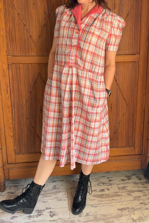 Vintage Handmade Plaid Dress - 1970s Housedress -… - image 11
