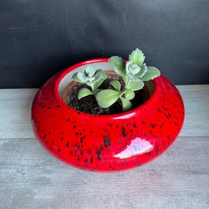 Vintage Red Lava Glaze Orb Planter - Mid Century Ceramic Bowl Signed MIKE