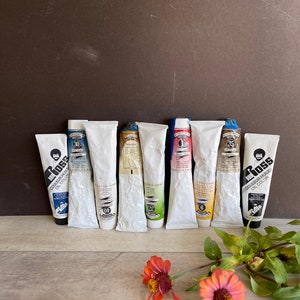 Vintage Oil Paints - Mixed Lot of 9 Large Tubes - Winton and Bob Ross 5 and 6.5 oz - White, Black, Blue, Green, Yellow, Red, Brown