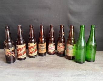 Vintage Beer Bottles: Pabst, Falstaff, Stag, Shlitz, Bush c. 1930s Brewery Decor