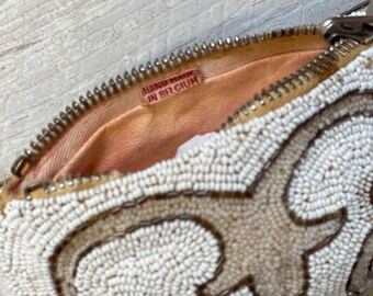 Vintage Belgian Beaded Change Purse - Handmade Kid Leather Lined Zip Pouch White Seed Pearls - Art Deco