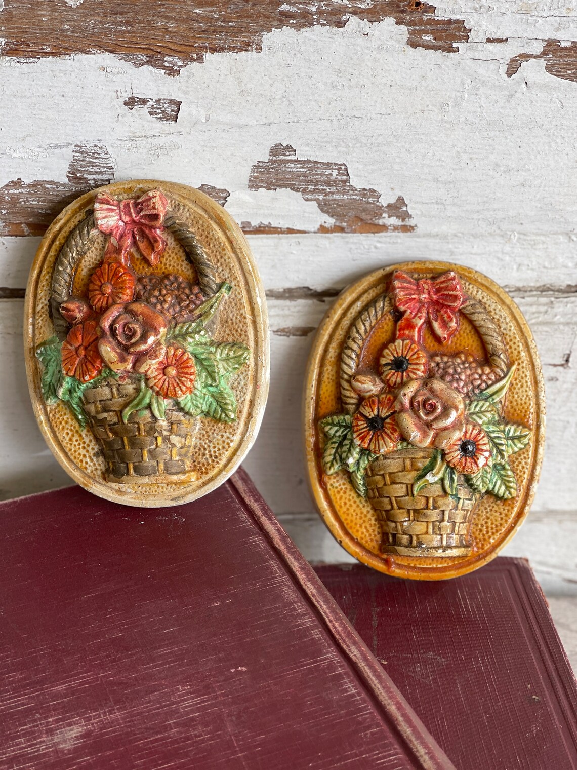 Vintage Plaster Chalkware Plaques Basket Bouquets 3D Etsy