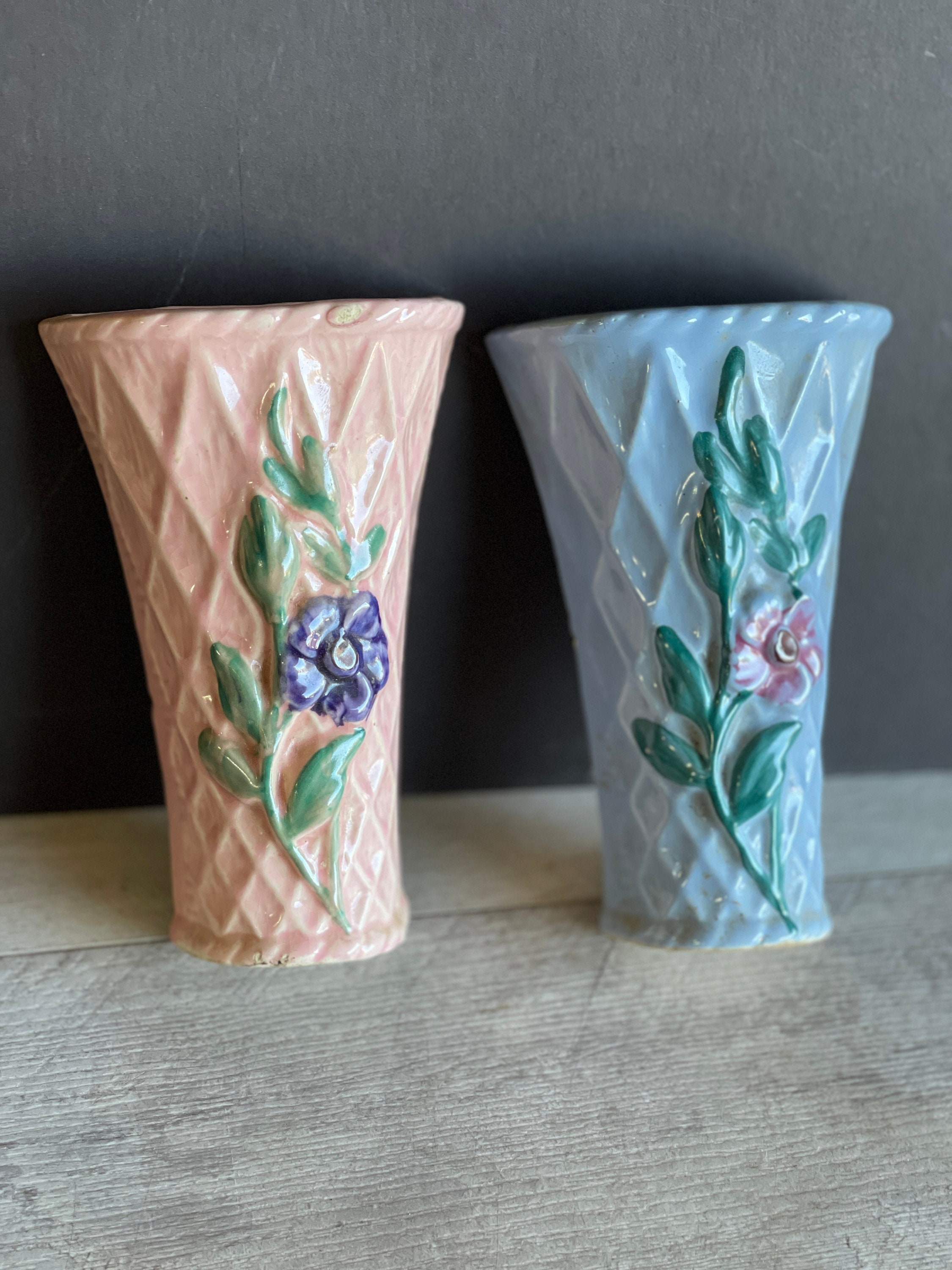 Vintage Morton Pottery Wall Pocket Vases - Pink and Blue Cottage