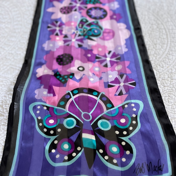 Vintage Silk Scarf - Butterfly Bob Mackie Wearble Art Long Purple and Black -1980s