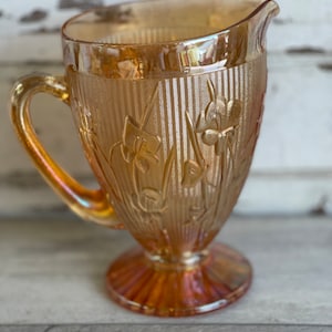 Vintage Jeanette Carnival Glass Pitcher: Iridescent Iris, Marigold