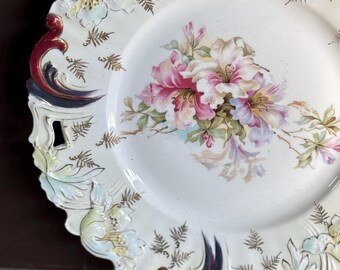 Antique Prussian Porcelain Plate Blue W Embossed Flowers ~ Pink 
