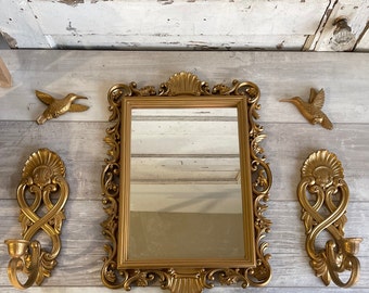 Vintage Mirror Sconces Hollywood Regency Formal Shell Gold Framed Decor Choice - Homco