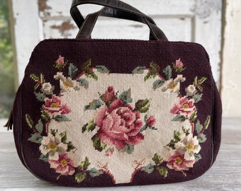 Vintage Needlepoint Purse - Best Large Granny Chic Leather Trim Extra Large Carpetbag Purse