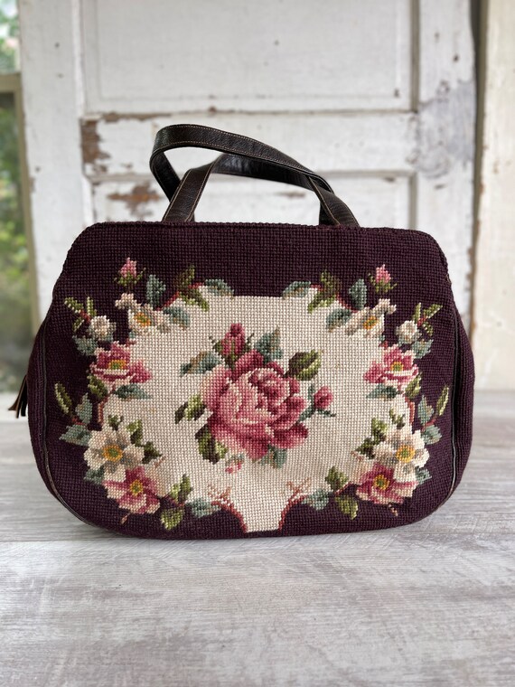 Vintage Needlepoint Purse Best Large Granny Chic Leather Trim