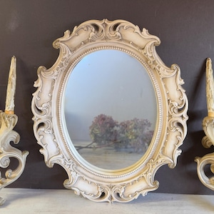 Vintage Mirror + Sconces Chalkware &quot;New Art Studio Corp&quot; 1960 Chicago Hollywood Regency Wall Decor