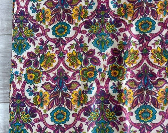 Vintage Cotton Fabric Yardage - Damask Floral Purple 6 yards Decorating Fabric - c. 1960s 70s Teal, Gold, Jewel Tones Boho
