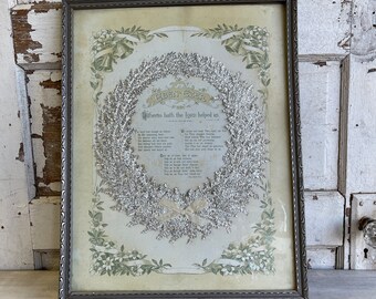 Antique Ebenezer Victorian Religious Print - silver leaves - Textural Hymn 16 x 20