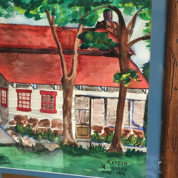 Vintage Watercolor Painting Cabin Naive Framed Art Grand Etsy