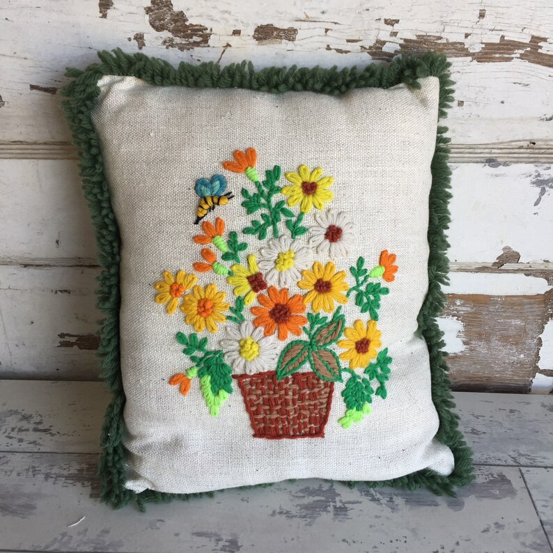 Vintage Crewel Embroidery Pillow Bees And Flowers Cushion Etsy