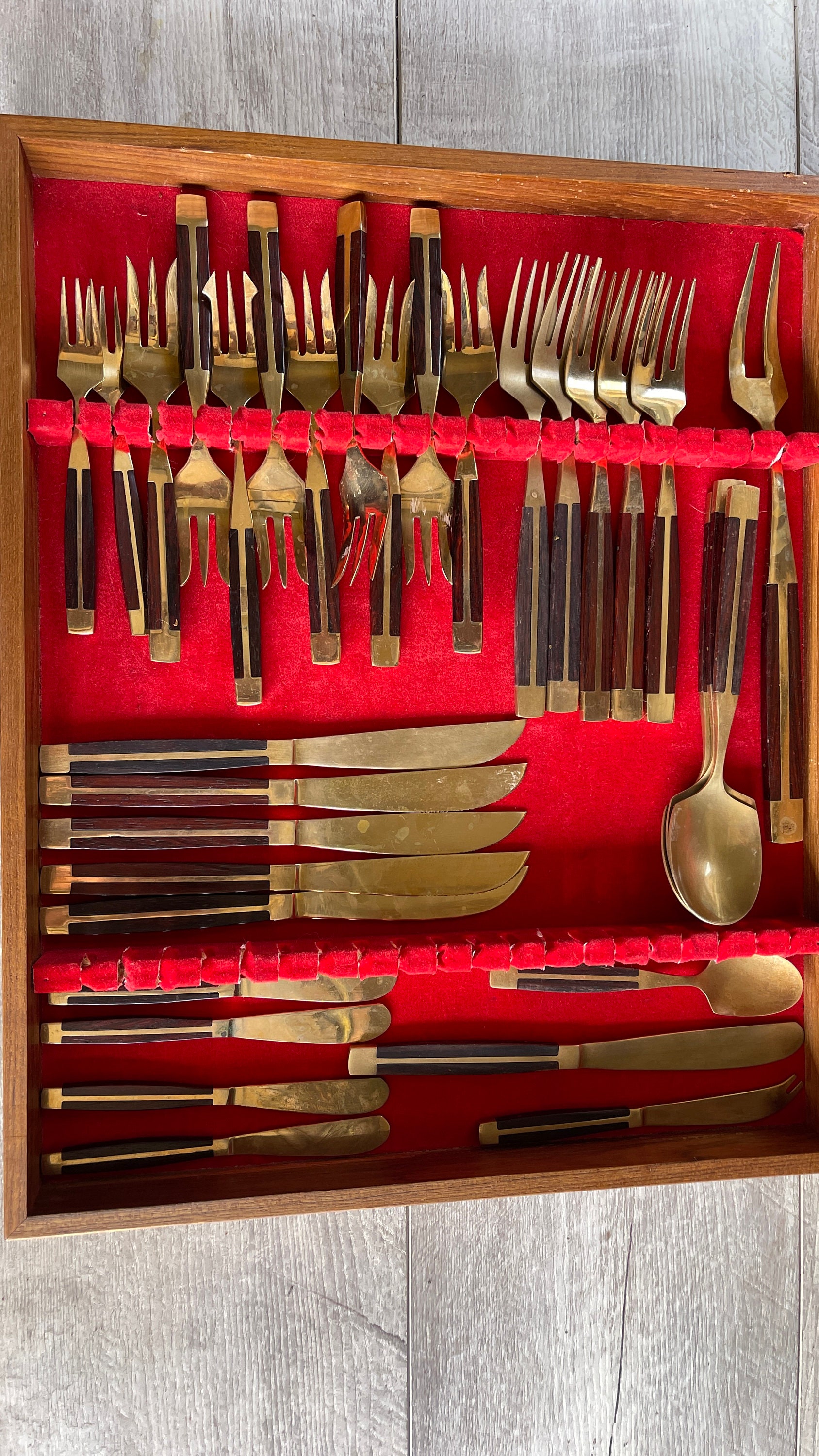 Vintage Brass Flatware Set: Thailand Rosewood Handles, 58 Pieces