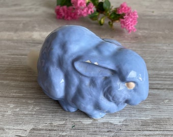 Vintage Ceramic Rabbit Cotton Tail Dispenser - Cotton Ball Blue Bunny