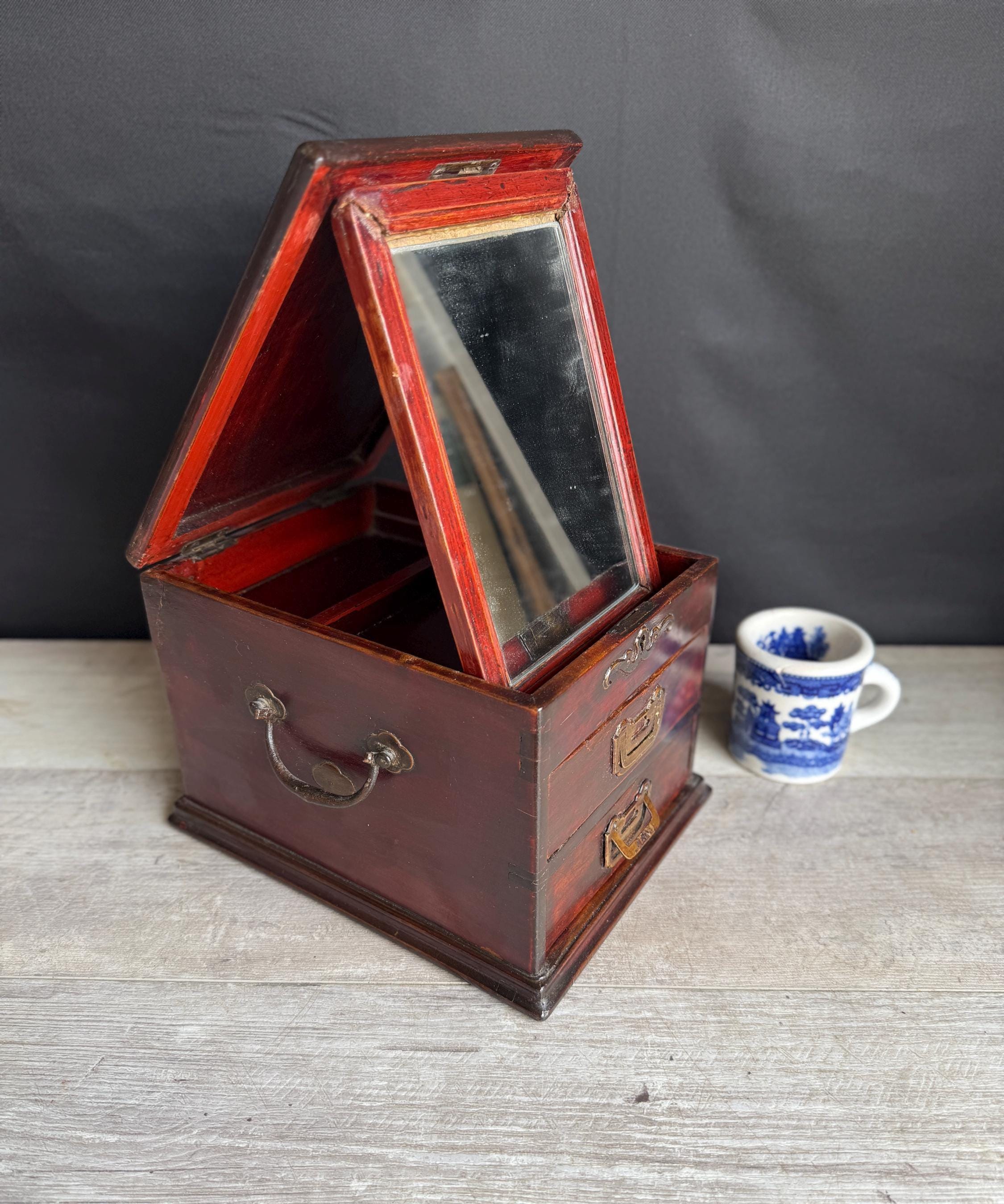 Antique Chinese Barber's Box - Portable Case - Mirror - Jewelry