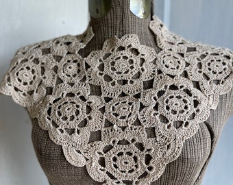 Vintage Crochet Collar -Ecru Cotton Handmade Lace - Wear it 2 Ways - Square or Triangular Collar