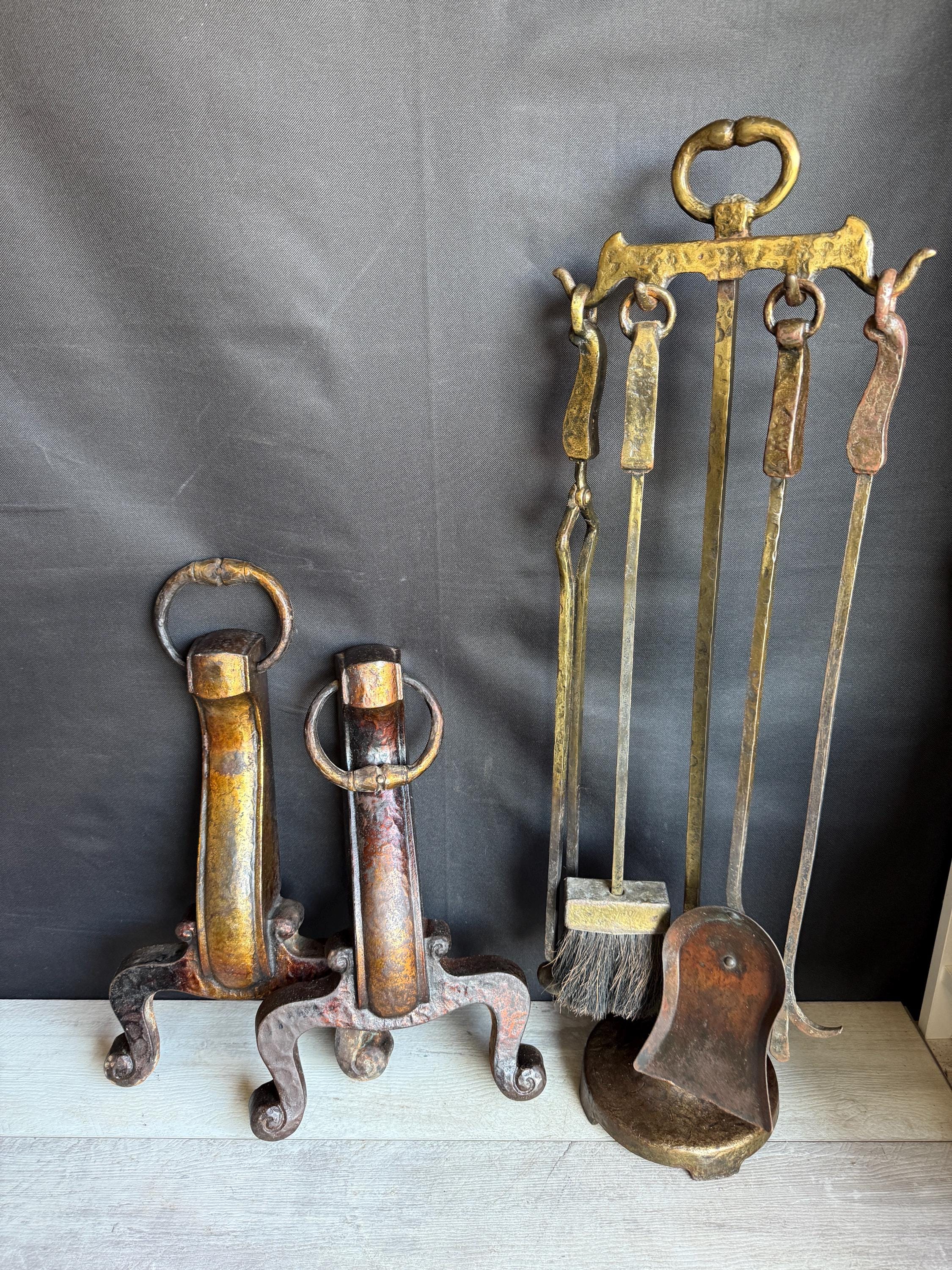 Vintage Cahill Bronze Andirons +fireplace Tools: Poker Shovel