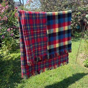 Vintage Wool Blend Blanket Double Side Plaid -Reversible -Two Pattern Tartan Camp Throw, Tailgating, Picnic, Cabin decor