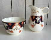 Vintage Gaudy Welsh or Gaudy Dutch Pearlware Milk Pitcher and Bowl Hand painted Orange Cobalt Gold - Imari