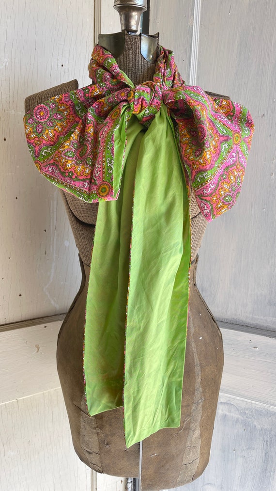 Vintage Sash Obi Belt Scarf Green and Pink Long C… - image 8