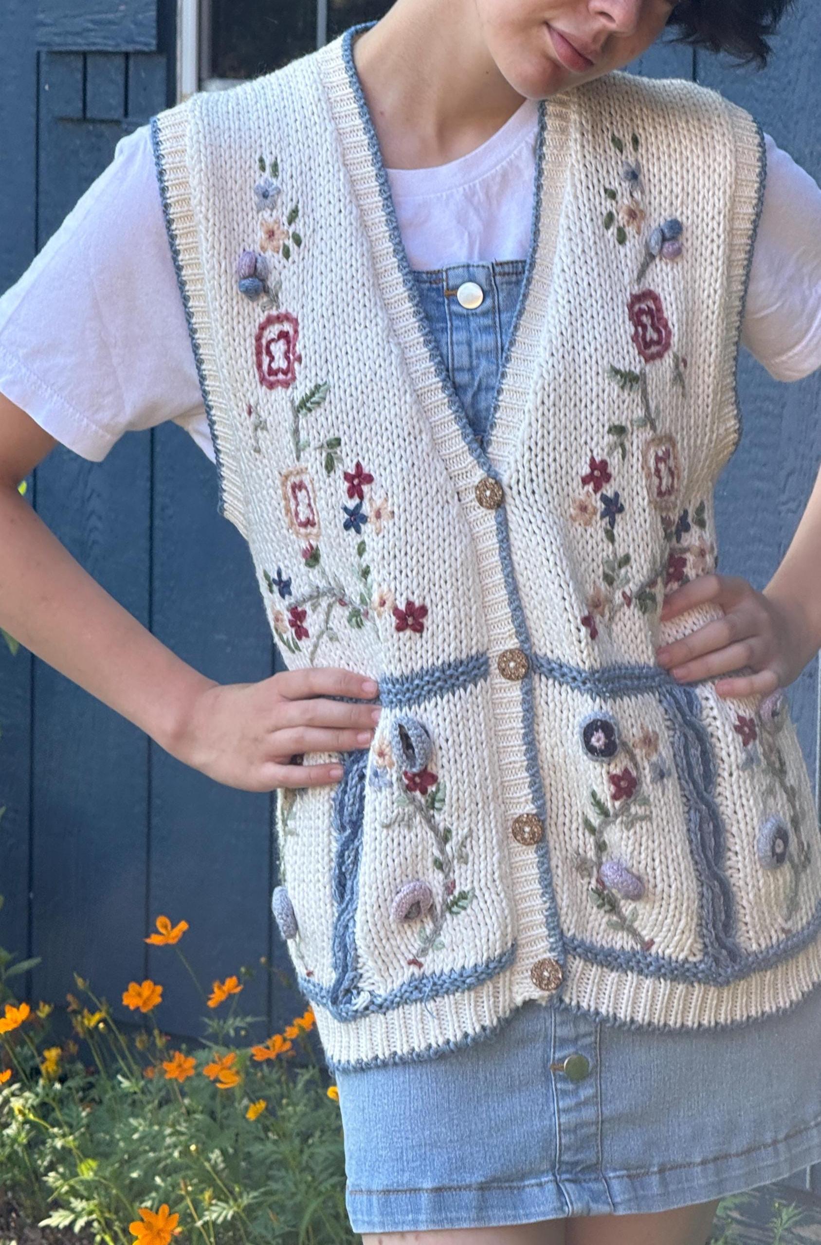 Vintage Sweater Vest - Handknit 1990s Blue and Pink Floral - Etsy