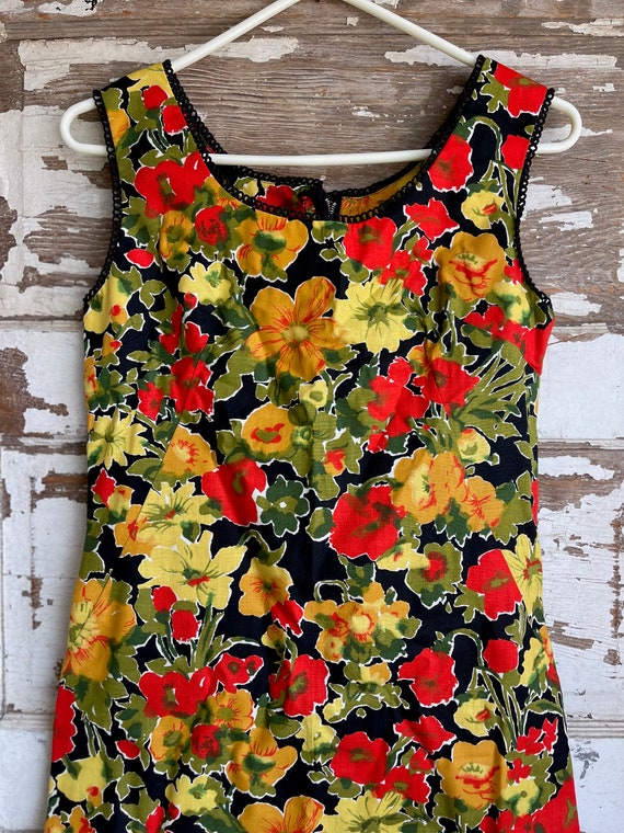 Vintage 60s Sheath Dress B&W Toile Novelty Print XS