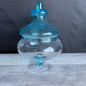 Vintage Aqua Blue Apothecary Jar: Mushroom Blown Glass Candy Dish