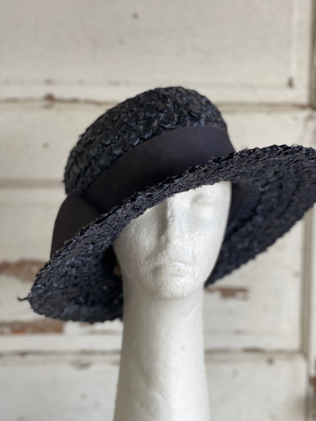 Vintage Hat Navy Blue Straw Woven 1960s Grosgrain Ribbon Sailor Hat by ...
