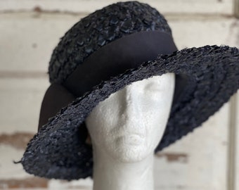 Vintage Hat - Navy Blue Straw Woven 1960s Grosgrain Ribbon Sailor Hat - by Christine of New York - Size 7.25